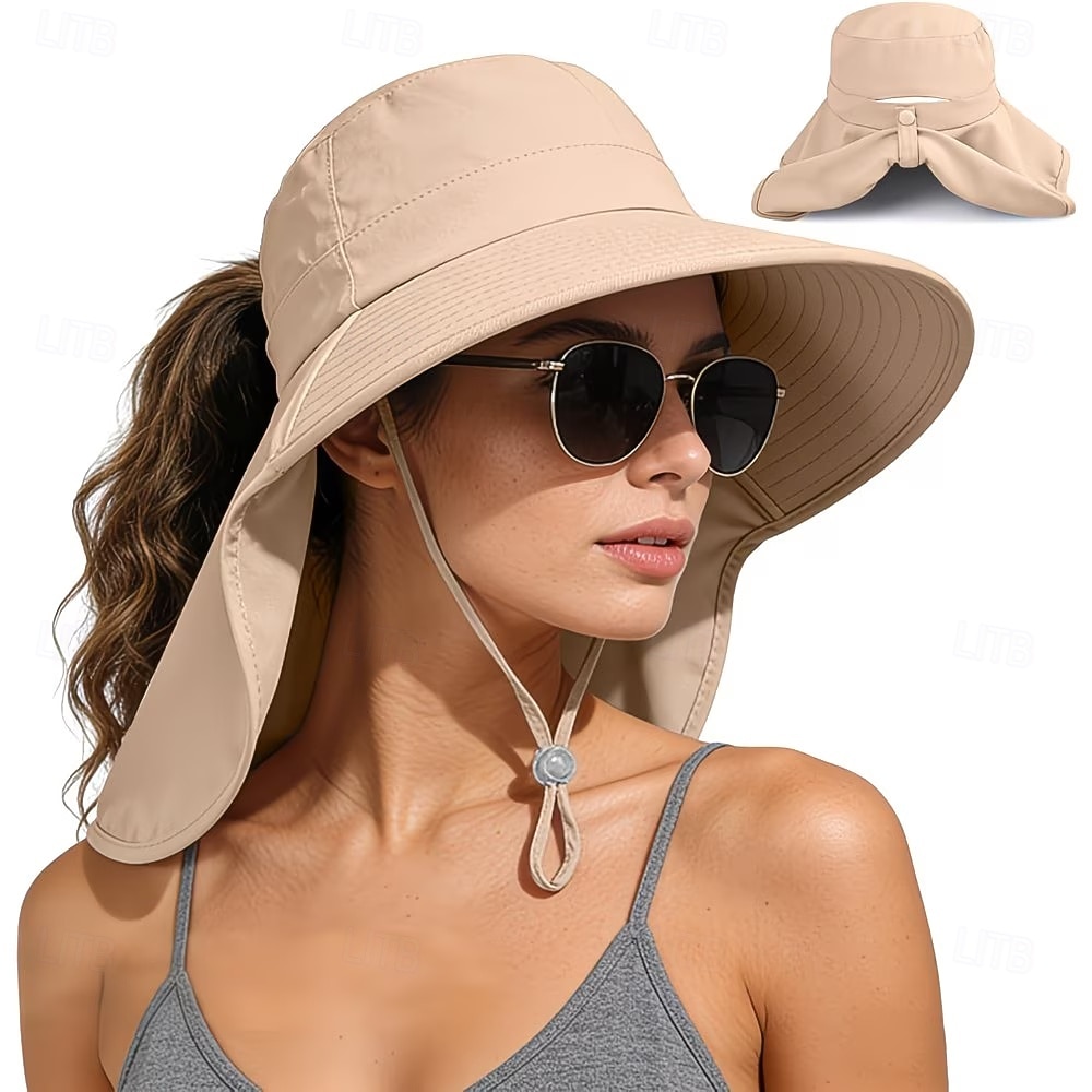 Sombrero de sol para mujer, plegable, de ala ancha, con solapa para cubrir el cuello y abertura para coleta. Permite llevar coleta sin oprimir la cabeza. Transpirable y fresco, ideal para vacaciones 2026 - $9.99 –P3