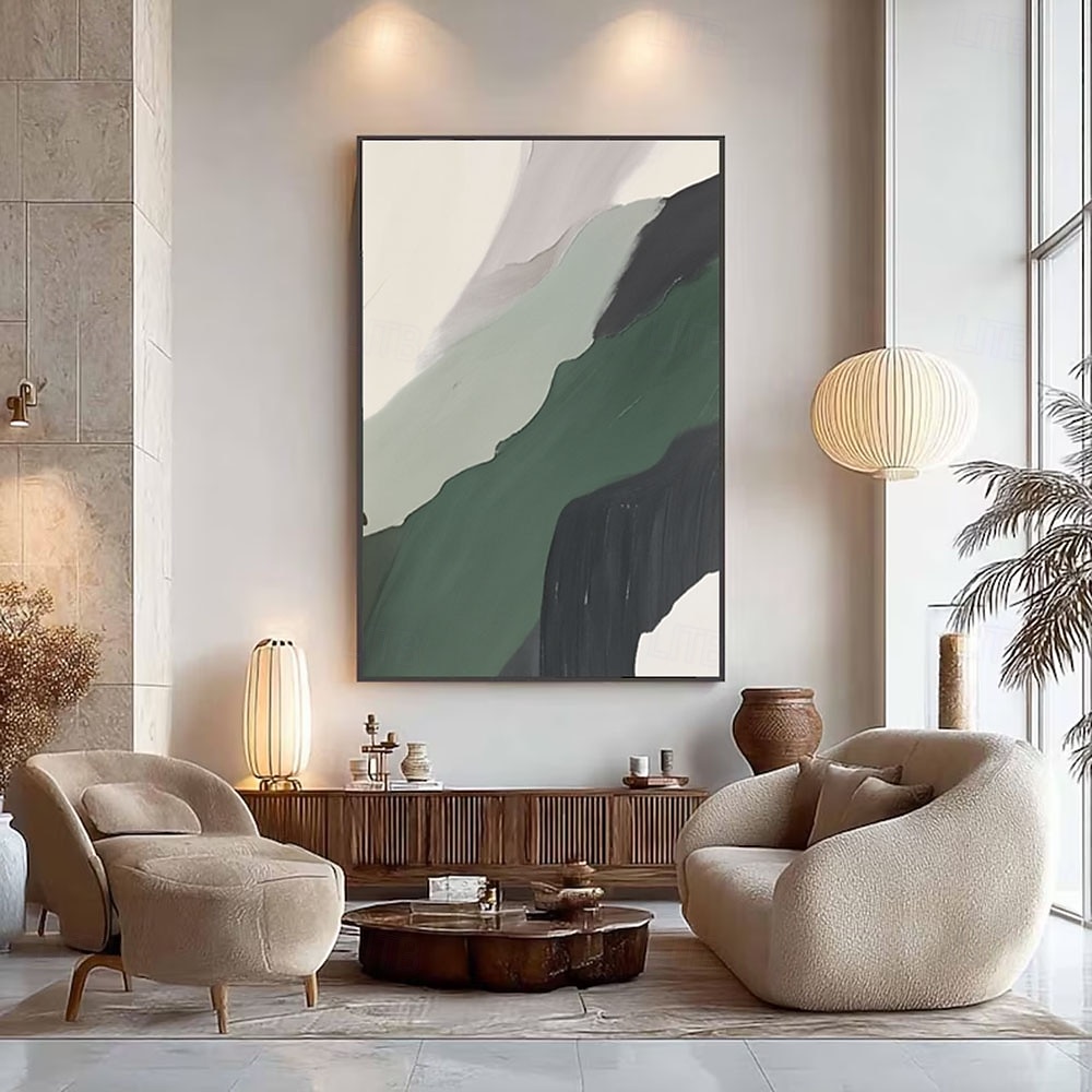 Handmade Large Sage Green Abstract Oil Painting On Canvas Minimalist ...