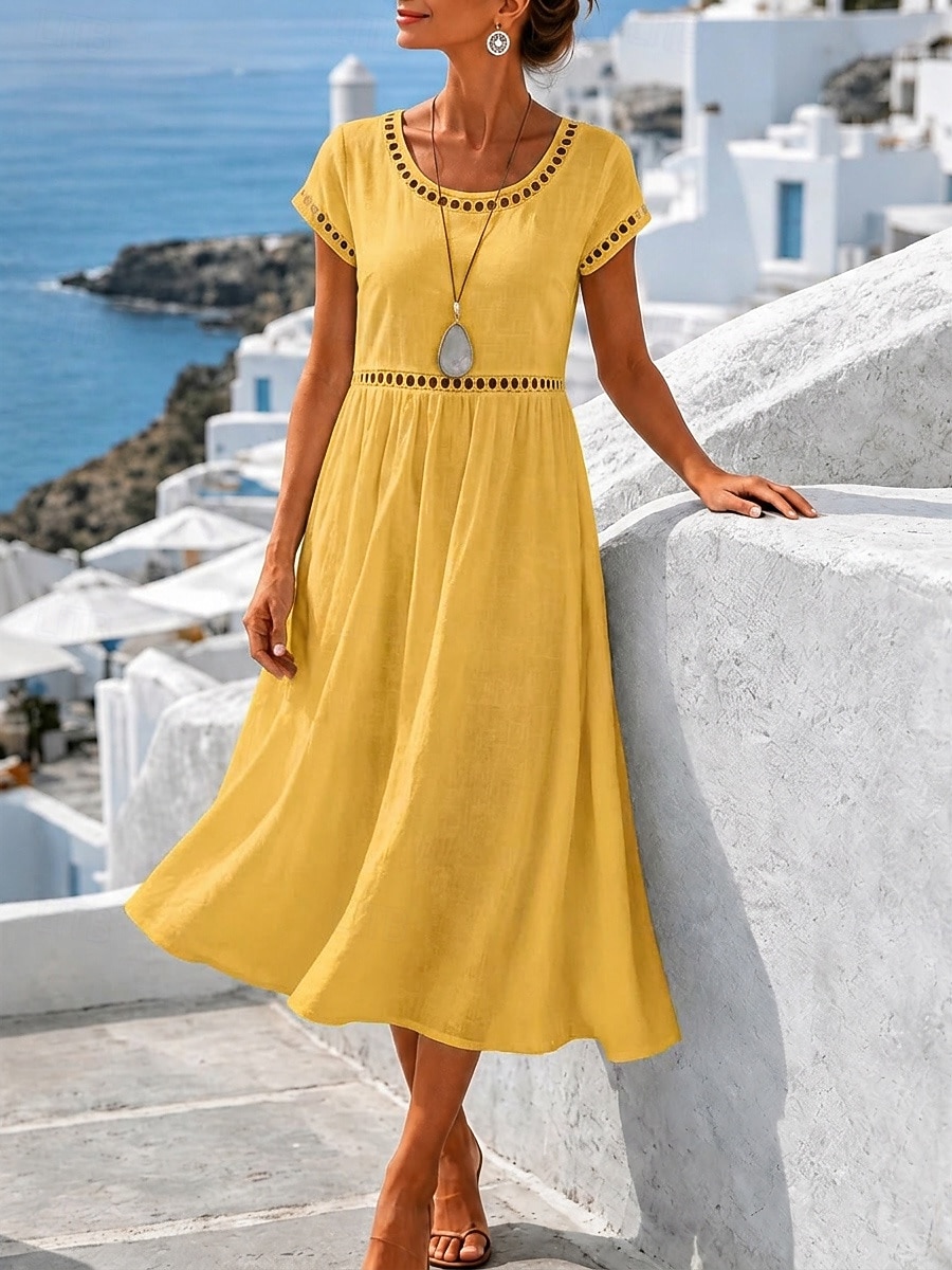 Damen Midikleid Freizeitkleid Sommerkleid Basic Klassisch Täglich Urlaub Lässiger Schnitt Einfach Kurzarm Rundhalsausschnitt Weiß Gelb Rosa Himmelblau Sommer Frühling 2026 - $25.99 –P1