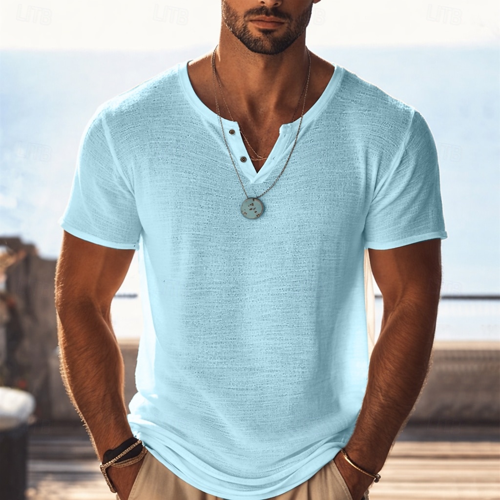 Herr T-shirt Stickad T-shirt T-tröja Kortärmad V-hals Sommar Ensfärgat Mode Lättvikt Grundläggande Nät Stickat Slät Ledigt Semester Gata Blå Svart Ljusgrön Topp t-shirt för män 2026 - $16.49 –P9