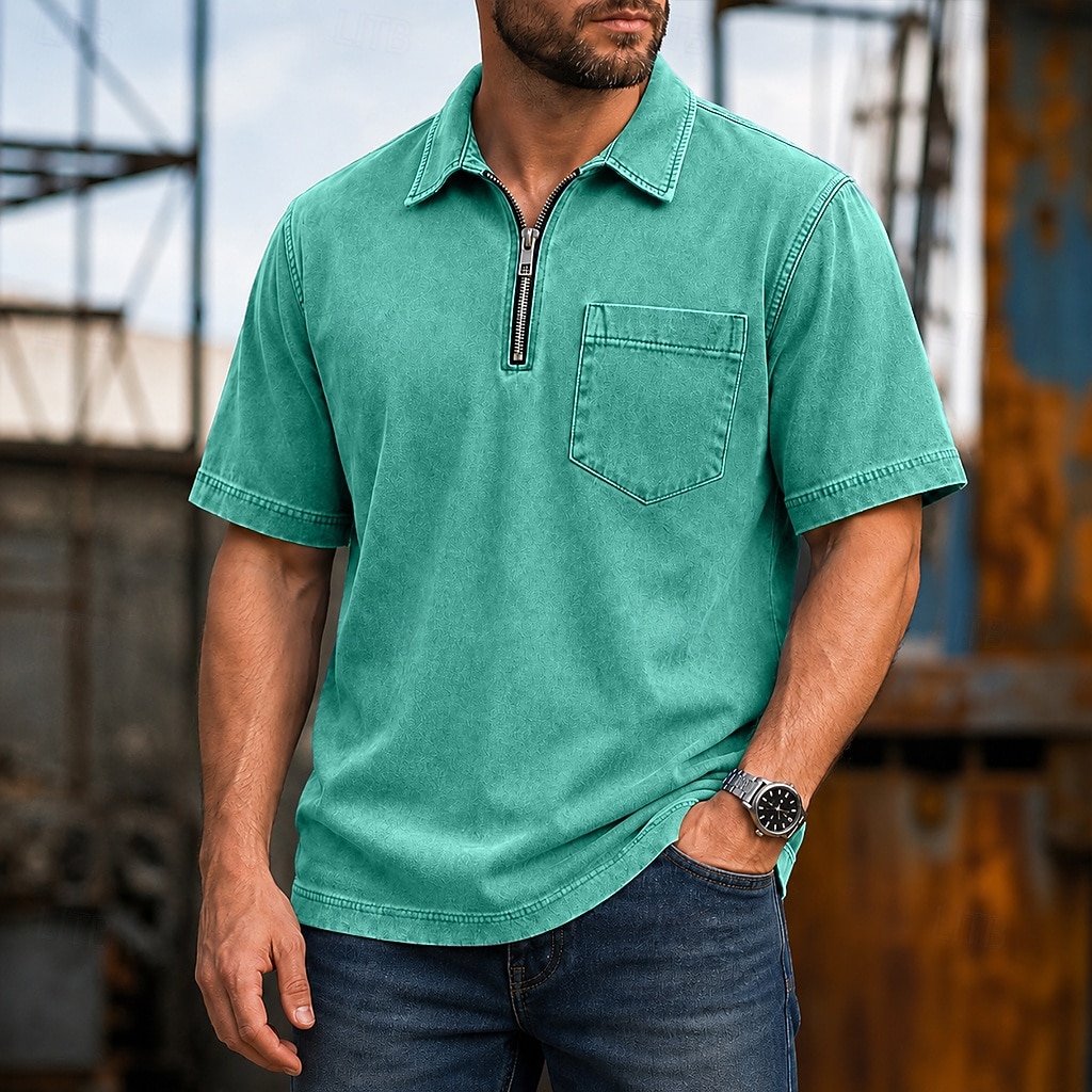 Koszule polo SoftFade™ Męskie 100% Bawełna Koszula z efektem washed Casual Codzienny ubiór Zamek ćwierć zamka Krótki rękaw Vintage Podstawowa Gładka Kieszonka Zniszczona Lato Luźny krój Czarny Różowy 2026 - $35.99 –P7