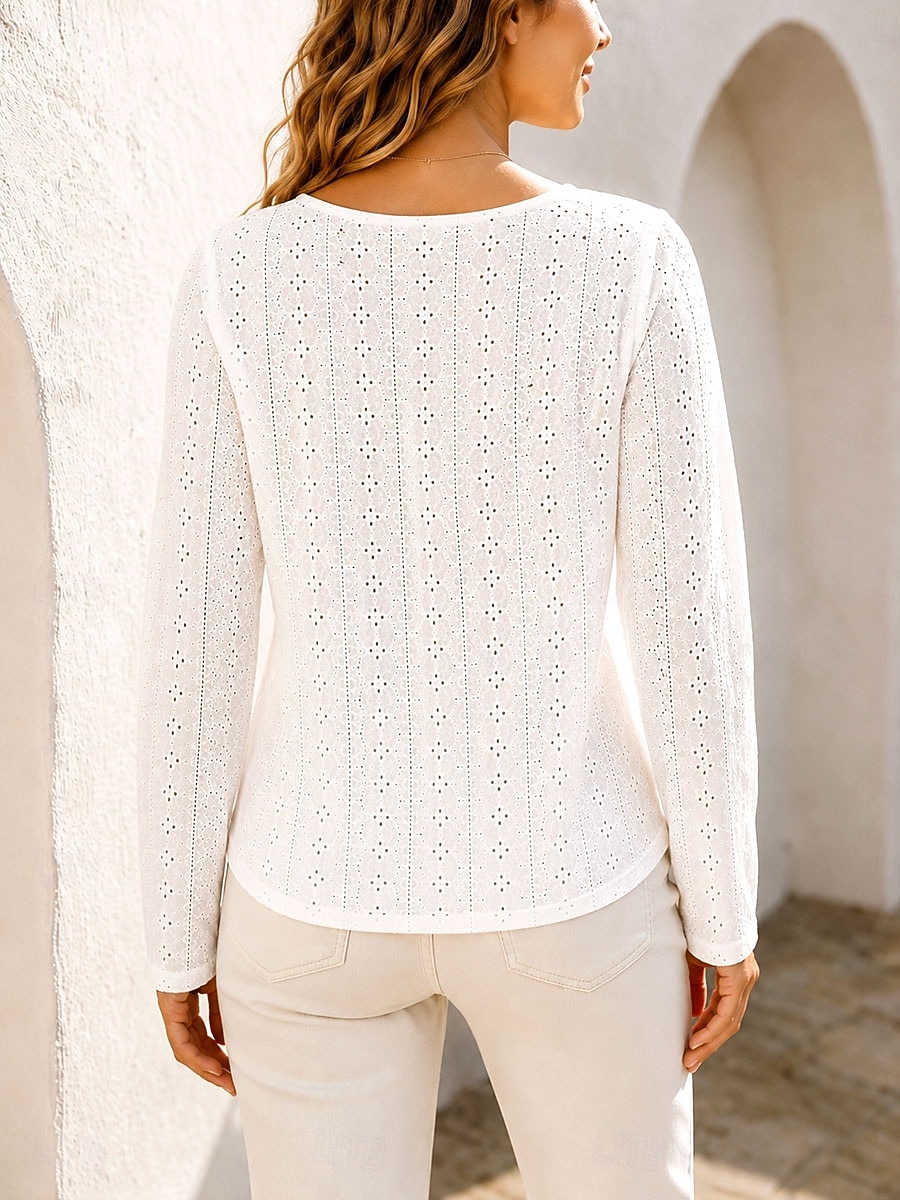 Women's T Shirt Lace Solid Color Stylish Casual Long Sleeve Round Neck Regular Tops Casual Daily White Summer Spring 2026 - $31.99 –P2