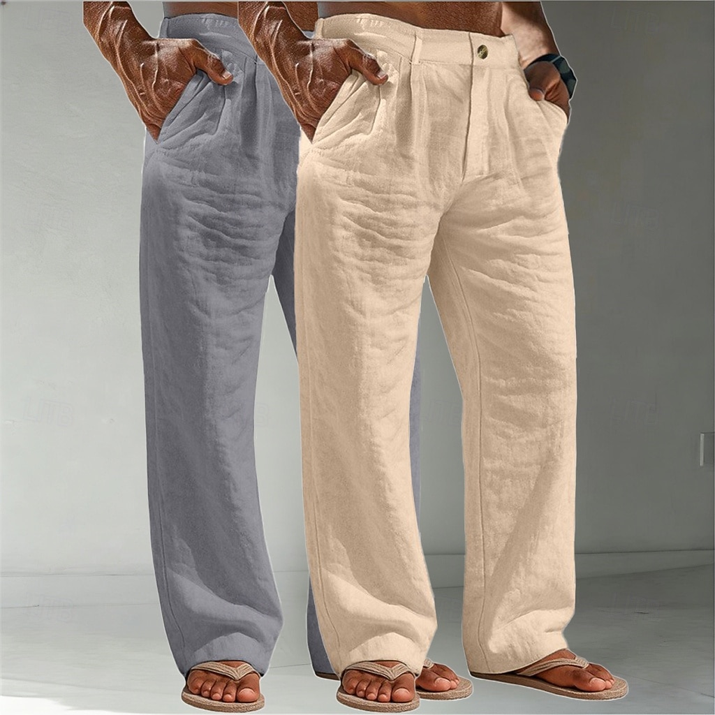 Voor heren Linnen broek Broek Zomerbroek Wijde broek Strandbroeken Zak Effen Comfort Ademend Volledige lengte Casual Dagelijks Buiten Vakantie Modieus Wit + kaki Bruin + Zwart Inelastisch 2026 - $45.99 –P6