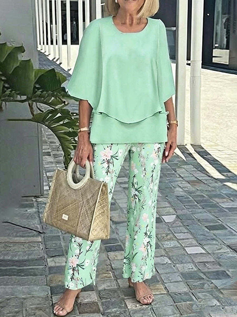 Women's Two Piece Sets Pants Sets Half Sleeve Butterfly Sleeve Round Neck Floral Graphic Ruffle Print Elegant Vacation Casual Daily Beach Blue Pink Purple Spring & Summer Loose Fit 2026 - $51.99 –P4