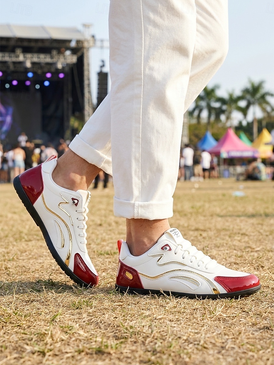 Men's White Red Music Festival Sneakers - Comfortable Lace Up Casual Shoes - Stylish Low Top Footwear for Concerts, Festival Outfits, Outdoor Parties and Everyday Streetwear 2026 - $32.99 –P4