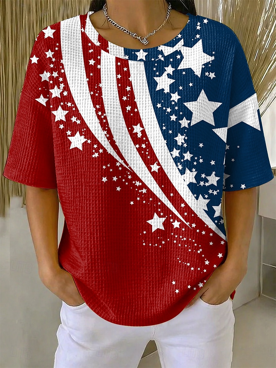 día de la independencia americana Mujer Camiseta con diseño de gofre Tops tejidos con textura Graphic Bandera estadounidense Elegante Clásico Manga Corta Cuello Barco Tops regulares Casual Diario 2026 - $21.99 –P4