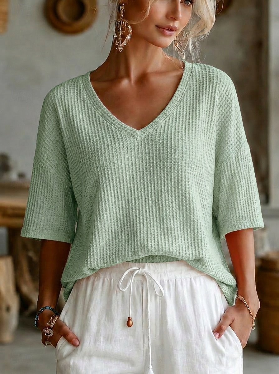 Pentru femei Cămașă Waffle Bluză Tee Top Textură Simplu Epocă Stilat Modern Manșon Jumate În V Topuri obișnuite Casual Zilnic vară Verde Deschis Roz Îmbujorat Portocaliu Albastru Deschis Var 2026 - $18.49 –P3