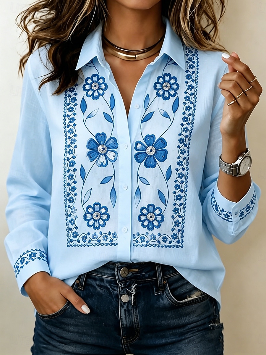 Women's Shirt Blouse Ruched Patchwork Embroidered Floral Graphic Vintage Casual Long Sleeve Shirt Collar Regular Tops Casual Daily Blue White Pink Gray Summer Spring Fall Winter 2026 - $32.99 –P2