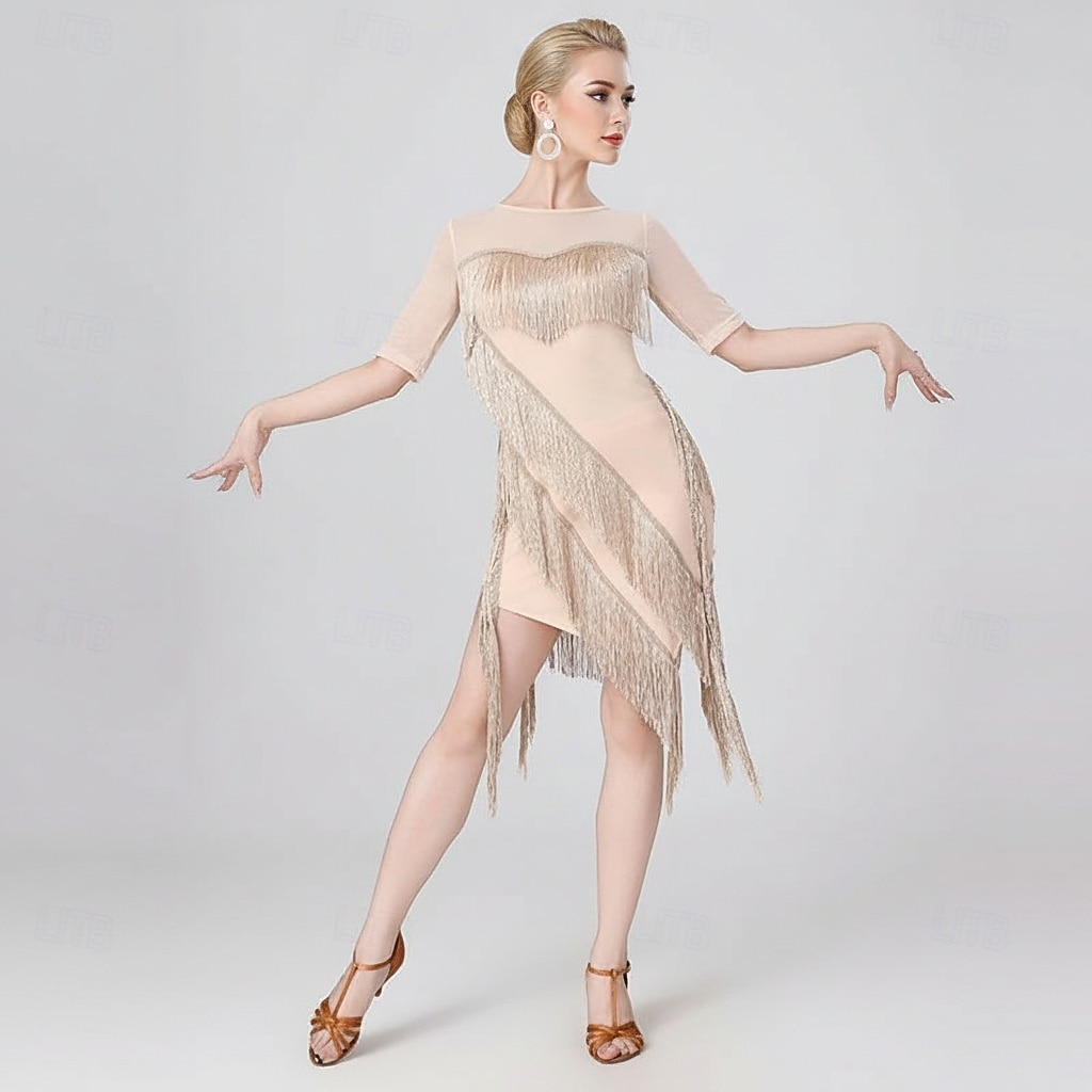 Women's Black Latin Dance Dress - Professional Mesh Sleeve Ballroom Performance Outfit - Asymmetrical Fringe Tassel Dress 2026 - $51.99 –P2