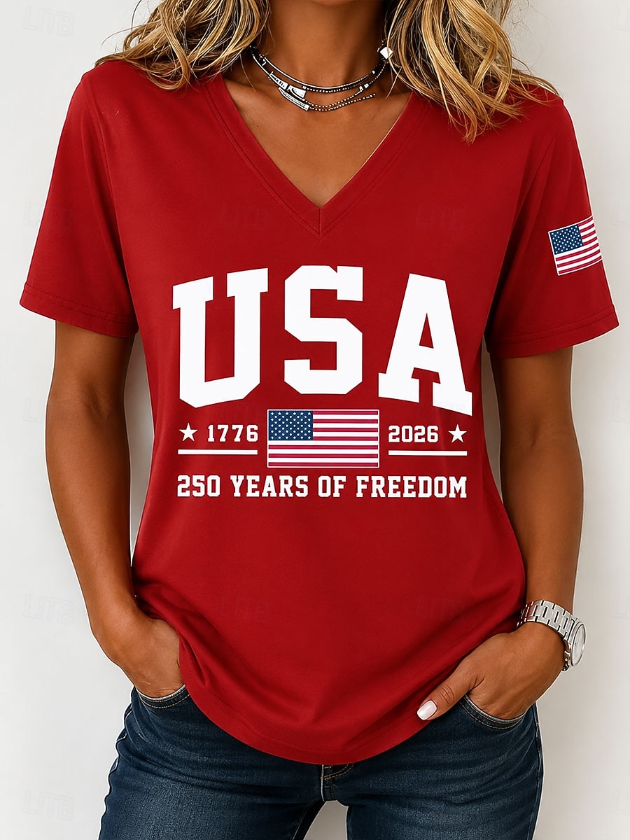 American Independence Day Women's T Shirt Print Graphic Letter American Flag Vintage Stylish Classic Short Sleeve V Neck Regular Tops Casual Daily Black Red Green Summer Spring 2026 - $21.99 –P1