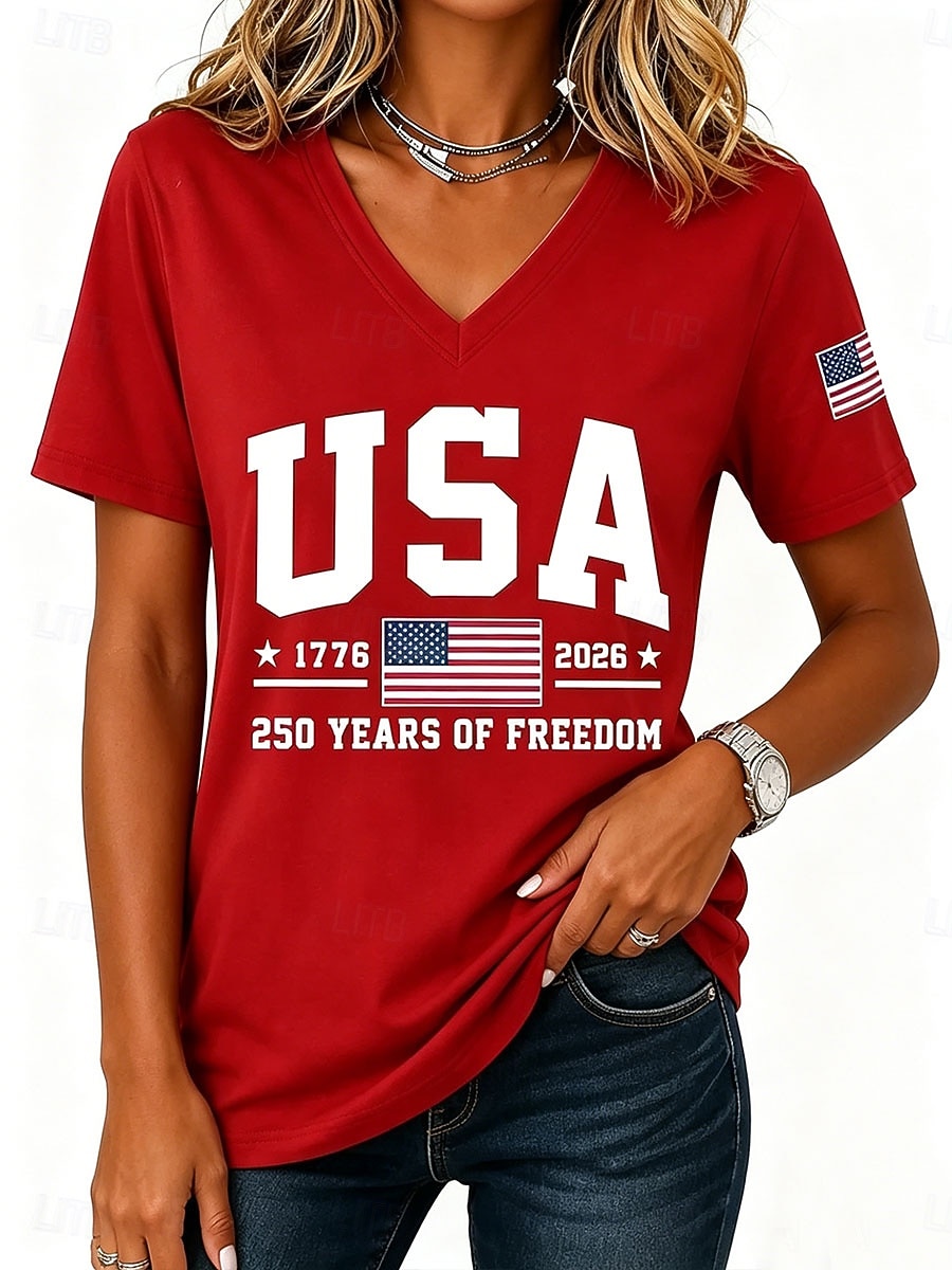American Independence Day Women's T Shirt Print Graphic Letter American Flag Vintage Stylish Classic Short Sleeve V Neck Regular Tops Casual Daily Black Red Green Summer Spring 2026 - $21.99 –P3