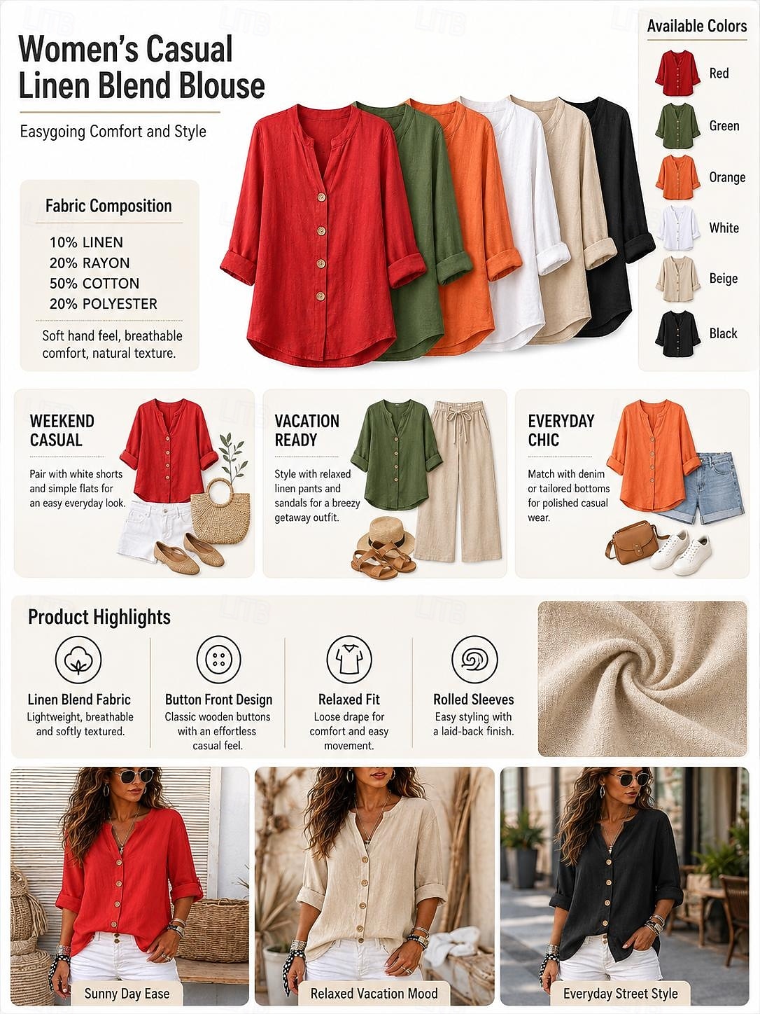 Camicie da donna in lino, blusa con bottoni, tinta unita, casual, maniche a 3/4, scollo a V, top classici, nero, bianco, rosso, arancione, verde, estate, primavera, autunno del 2026 a $11.99 –P1