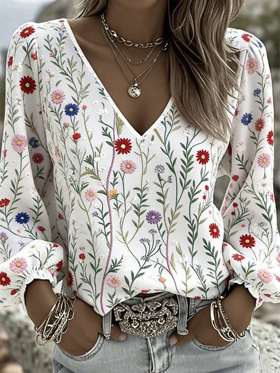 Women's Shirt Print Floral Graphic Bohemia Vacation Vintage Long Sleeve Lantern Sleeve V Neck Regular Tops Casual Daily Holiday Blue Black White Pink Summer Spring 2026 - KWD 11.99 –P4