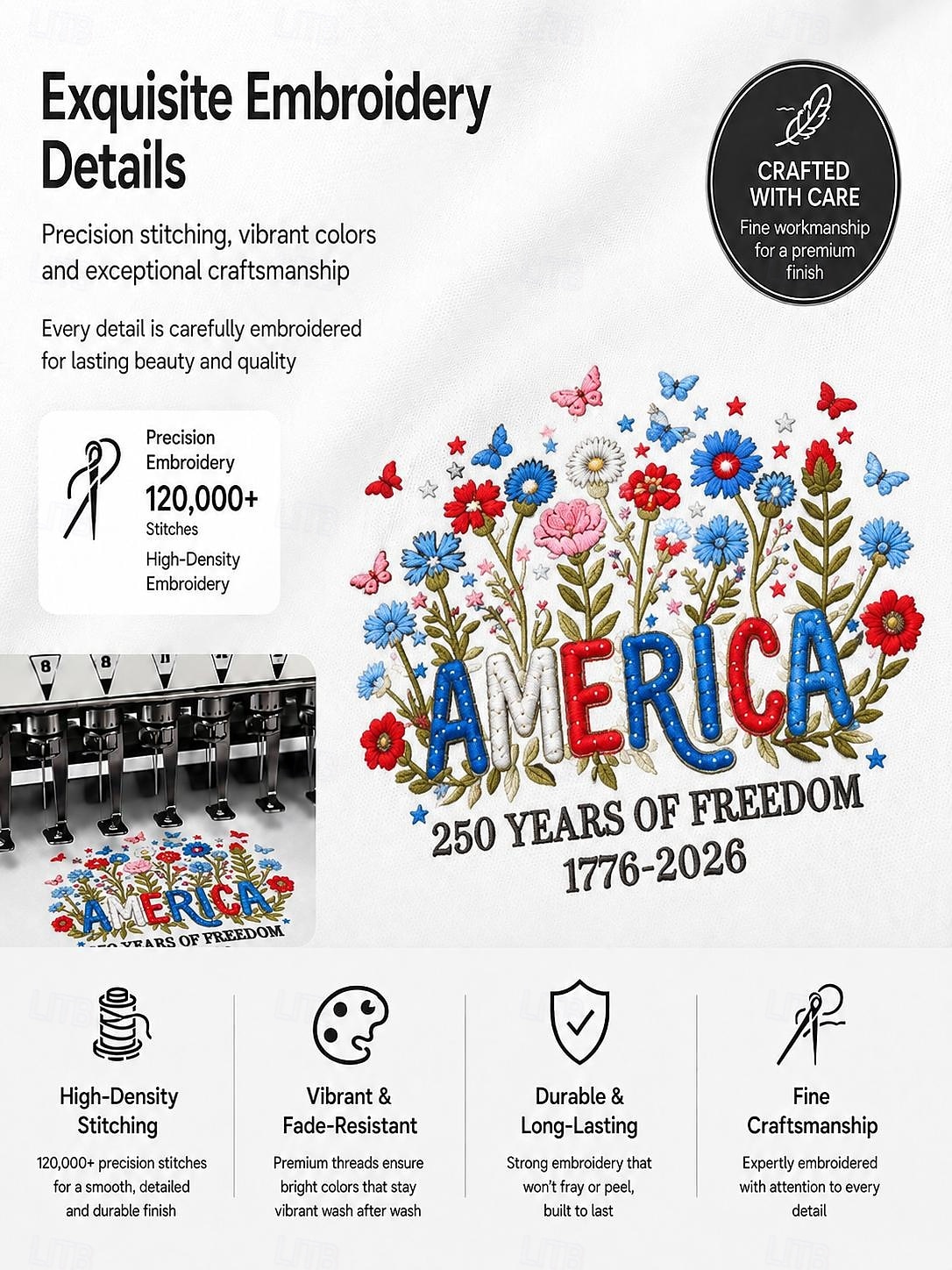Día de la Independencia de Estados Unidos, mujer, 100% algodón, bordado, estilo vintage, elegante, manga corta, cuello redondo, tops regulares, casual, negro, verano, primavera 2026 - $33.99 –P6