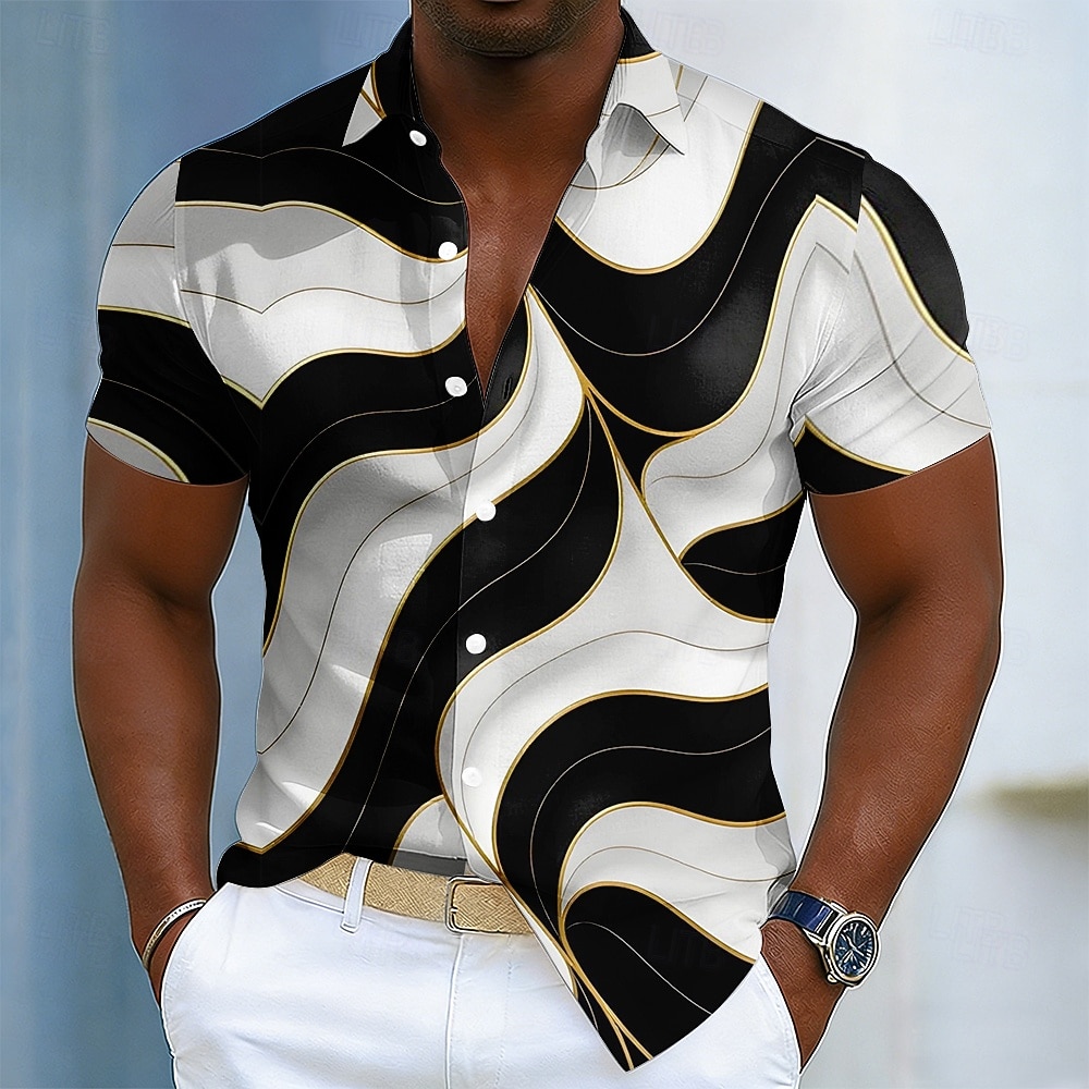 Hombre Geométrico Olas Arte abstracto Camisa Abotonar la camisa Manga Corta Moda informal Diario vacaciones en la playa Verano Primavera Cuello Vuelto Impresión 3D Camisa tipo lino Blanco 2026 - $25.99 –P1