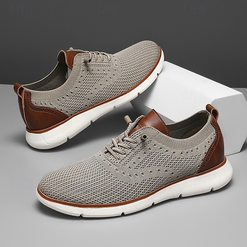 Men's Taupe Knit Lace-Up Casual Sneakers Breathable Lightweight Walking Shoes Soft Comfort Footwear for Daily Wear, Travel, Commuting and Weekend Leisure 2026 - $42.99 –P1
