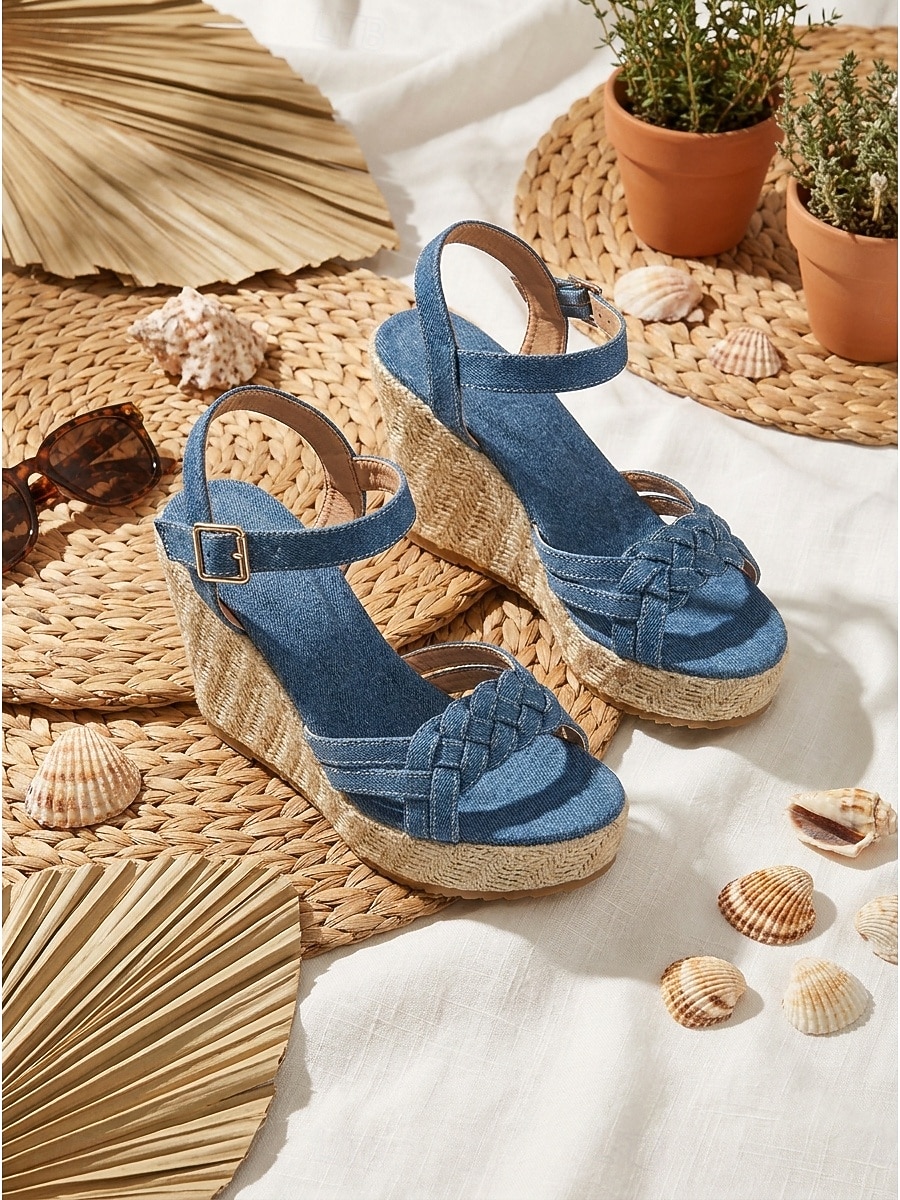 Sandale cu platformă pentru femei, din denim albastru - tocuri cu platformă, tip espadrile, cu barete împletite, și cataramă la gleznă, pentru vacanțe de lux în croazieră, ținute de resort tropical 2026 - $32.99 –P4