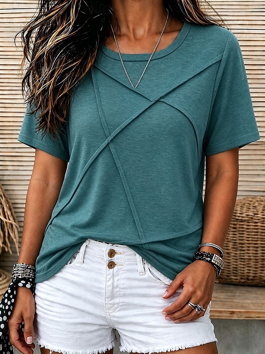 Dames T-shirt Lapwerk Effen Kleur Effen Vintage Casual Korte mouw Vleermuismouw Ronde hals Normale tops Casual blauw Zwart Blozend Roze Oranje Zomer Lente 2026 - $23.99 –P5