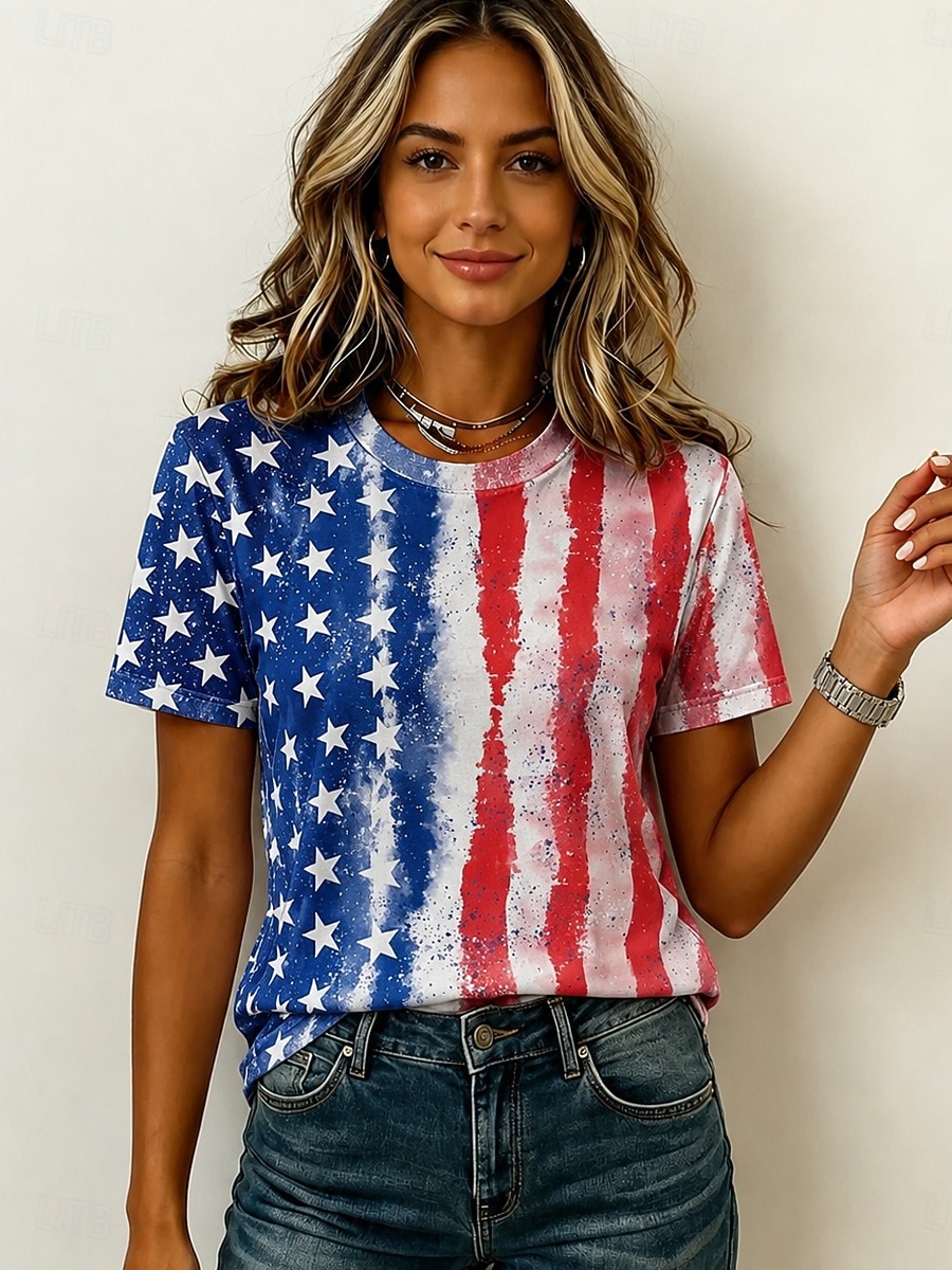 día de la independencia americana Mujer Camiseta Estampado Graphic Bandera estadounidense Vintage Elegante Casual Manga Corta Cuello Barco Tops regulares Casual Diario Fin de semana Azul Piscina 2026 - $21.99 –P4