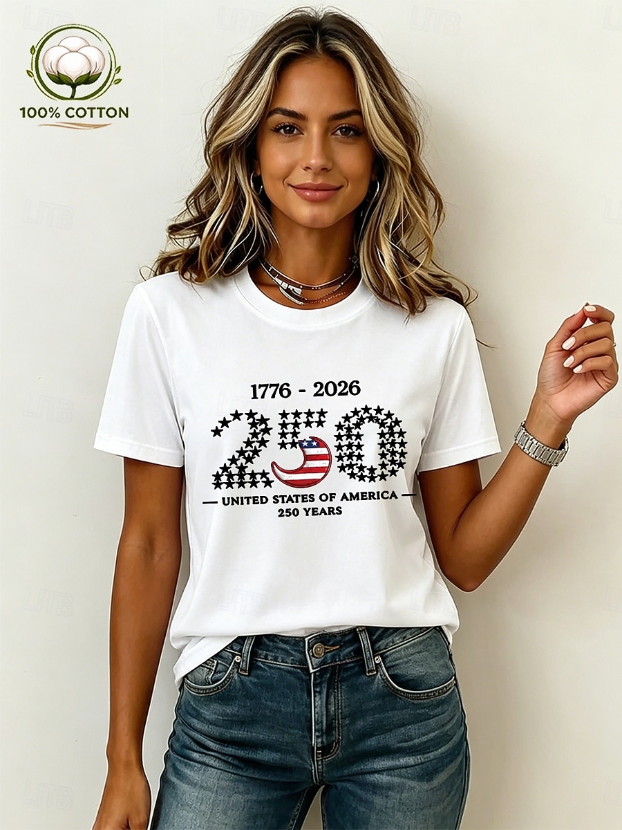 American Independence Day Women's 100% Cotton T Shirt Print Graphic American Flag Vintage Stylish Casual Short Sleeve Crew Neck Regular Tops Casual Daily Weekend Blue Black White Pink Apricot Summer 2026 - $24.99 –P1