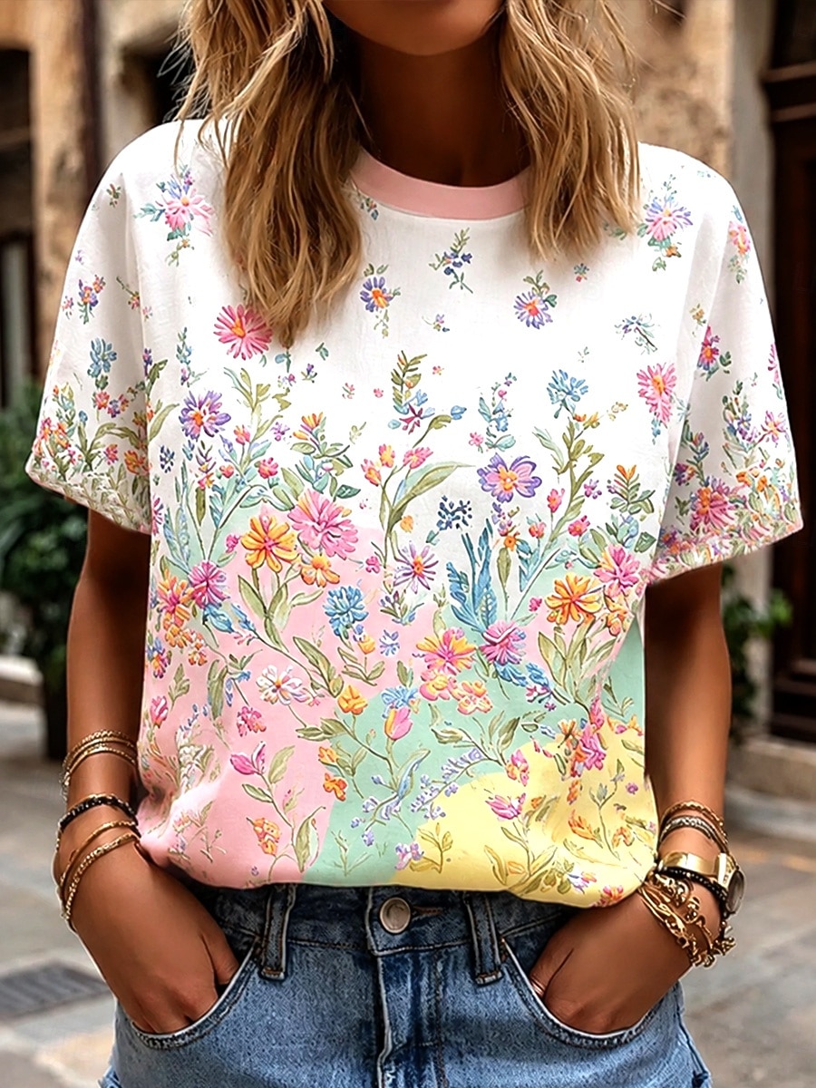 Festival musicale Per donna Maglietta Stampato Floreale Grafico Piante Moda Elegante Classico Manica Corta Girocollo Top Regolari Casuale Quotidiano Weekend Rosa Estate Primavera del 2026 a $21.99 –P1