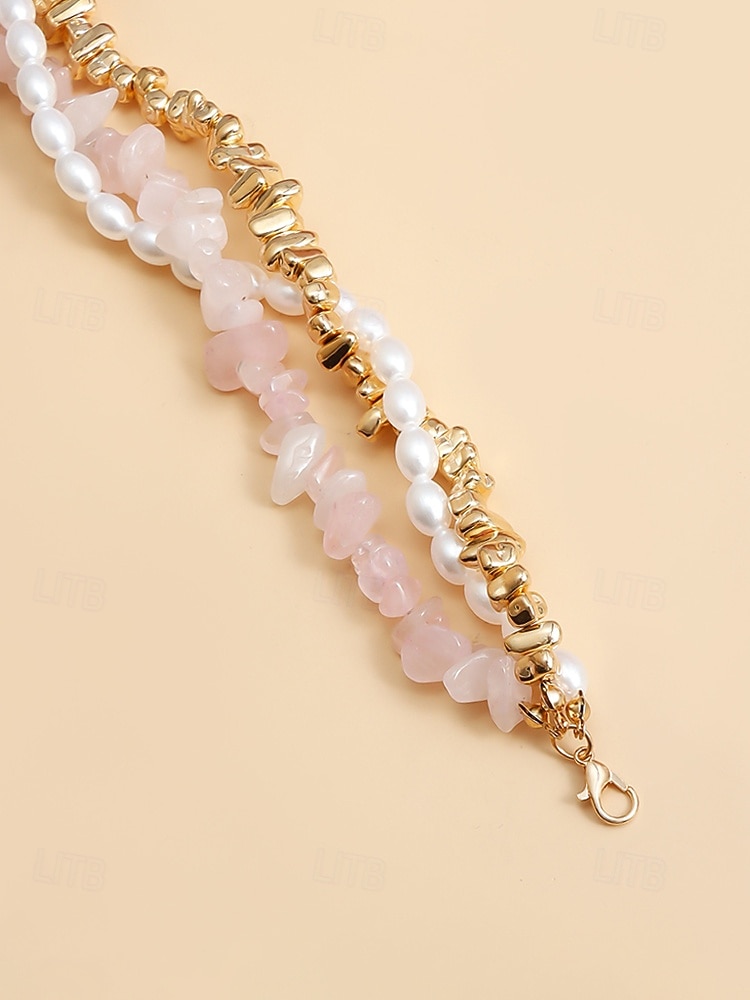 Damhalsband med lager på lager och imitationspärlor, rosa stenar och guldpärlor, elegant chokerhänge för vardagsbruk, semester, trädgårdsfest och semiformella tillfällen 2026 - $11.99 –P7