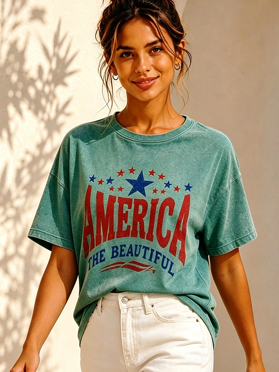 día de la independencia americana Mujer 100% Algodón Camiseta Tops lavados estilo vintage Estampado Graphic Letra Vintage Moda Elegante Manga Corta Cuello Barco Tops regulares Casual Diario Azul 2026 - $33.99 –P3