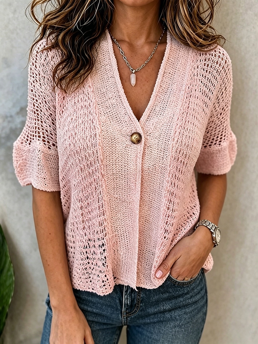 Per donna Camicia Blusa Traforato Bottoni Tinta unica Semplice Vintage Elegante Casual Manica Corta Scollo a V Top Regolari Casuale Quotidiano Nero Bianco Rosa Verde Estate Primavera del 2026 a $41.99 –P5