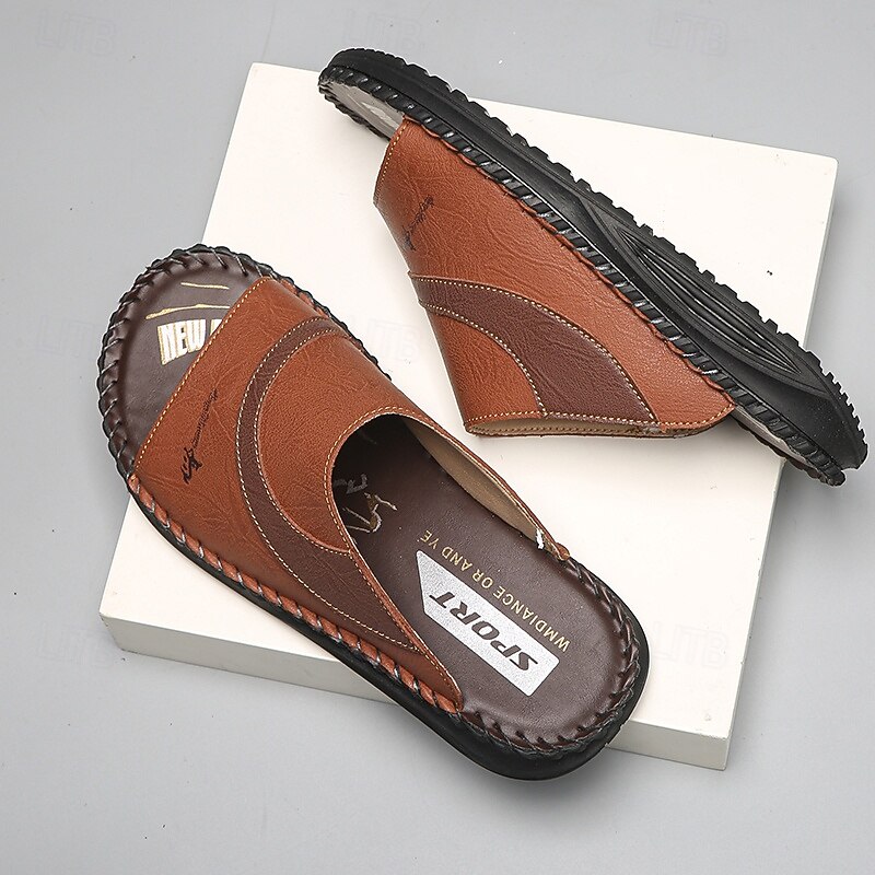 Sandálias masculinas bicolor pretas e brancas, modelo slide, com bico aberto, costuradas à mão, confortáveis e casuais para o verão, ideais para uso diário, férias, em casa e momentos de lazer ao ar livre. de 2026 por $34.99 –P11