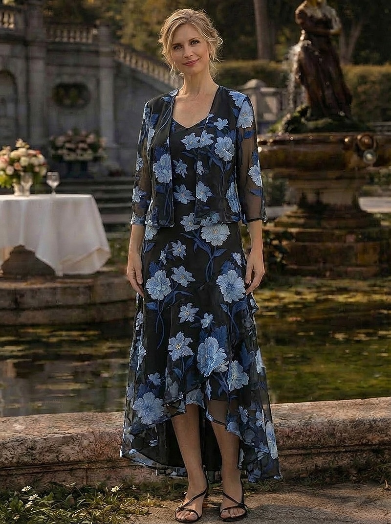 Due Pezzi Linea ad A Lunghezza Tè Abito da invitata a nozze Abito da cerimonia per signora Senza Maniche Manica 3/4 Scollo a V Elegante Semplice Formale Derby del Kentucky Semi-Formale Organza del 2026 a $195.99 –P11
