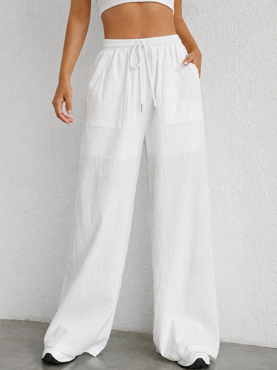 Damen Schlaghose Elegant Mode Volle Länge Hohe Taille Einfarbig Kordelzug Komfort Unelastisch Lässig Urlaub Schwarz Weiß Himmelblau Kamel Sommer Frühling Lässiger Schnitt 2026 - $27.99 –P1