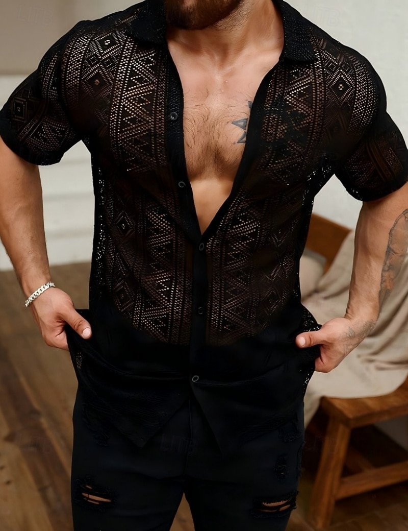 Men's Shirt Casual Shirt Button Up Shirt Jacquard Shirt Black Short Sleeve Plain Shirt Collar Casual Daily Lace Clothing Apparel Elegant Fashion Casual 2026 - $26.99 –P5