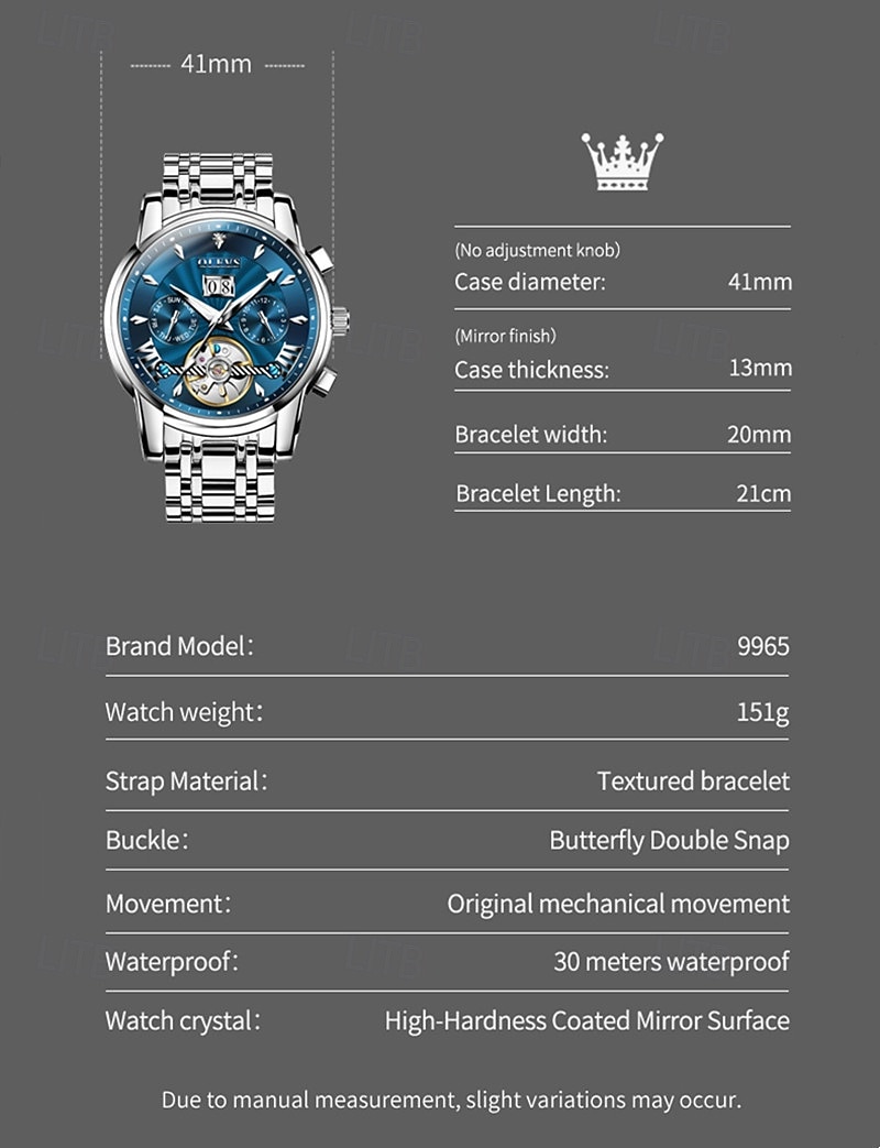 Men's Luxury Automatic Mechanical Watch, Two Tone Stainless Steel, Blue Dial Skeleton Tourbillon Style, Self-Winding Business Wristwatch with Big Date Day 24H Waterproof Luminous Gift for Him 2026 - $96.99 –P8