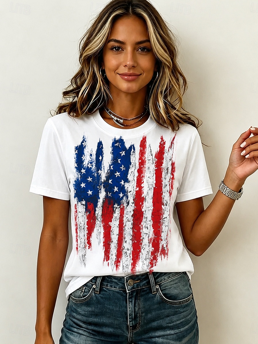 día de la independencia americana Mujer Camiseta Estampado Graphic Bandera estadounidense Vintage Elegante Casual Manga Corta Cuello Barco Tops regulares Casual Diario Fin de semana Azul Piscina 2026 - $21.99 –P3