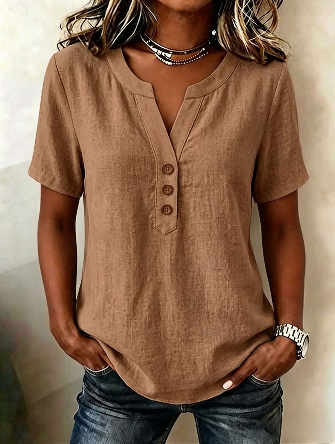 Damen Bluse Einfarbig Vintage Stilvoll Basic Kurzarm V Ausschnitt Normale Oberteile Lässig Täglich Blau Khaki Rosa Dunkelgrün Sommer Frühling 2026 - $27.99 –P3