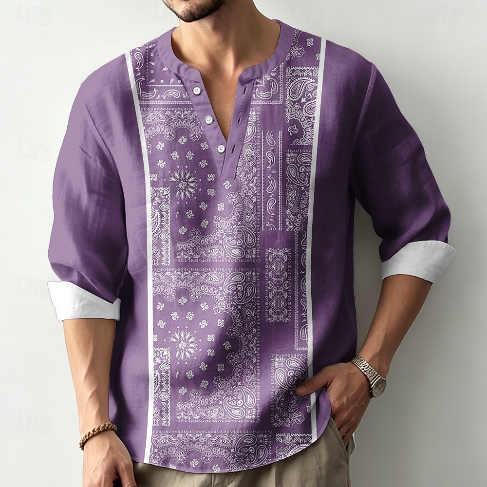 Men's Paisley Ethnic Intricate Floral Shirt Henley Shirt Tunic Shirts Long Sleeve Vintage Retro Daily Beach Vacation Wear Summer Spring V Neck Button Up 3D Print Linen Like Shirt Blue Purple Green 2026 - $27.99 –P2