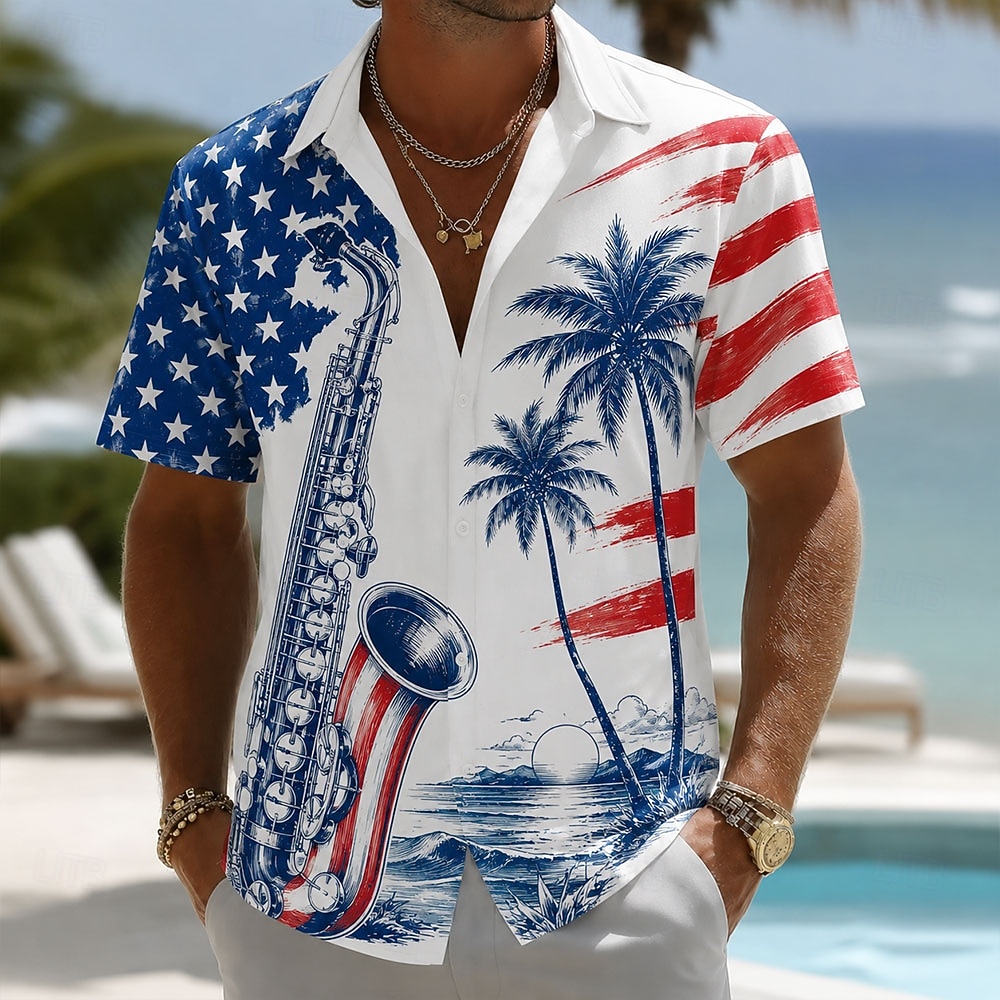 4th of July 2026 250th Men's Pano Keys American Flag Coconut Palm Shirt Summer Shirt Button Up Shirt Short Sleeve Patriotic Daily Streetwear Summer Spring Turndown 3D Print Collared Shirts Blue Blue 2026 - $25.99 –P4