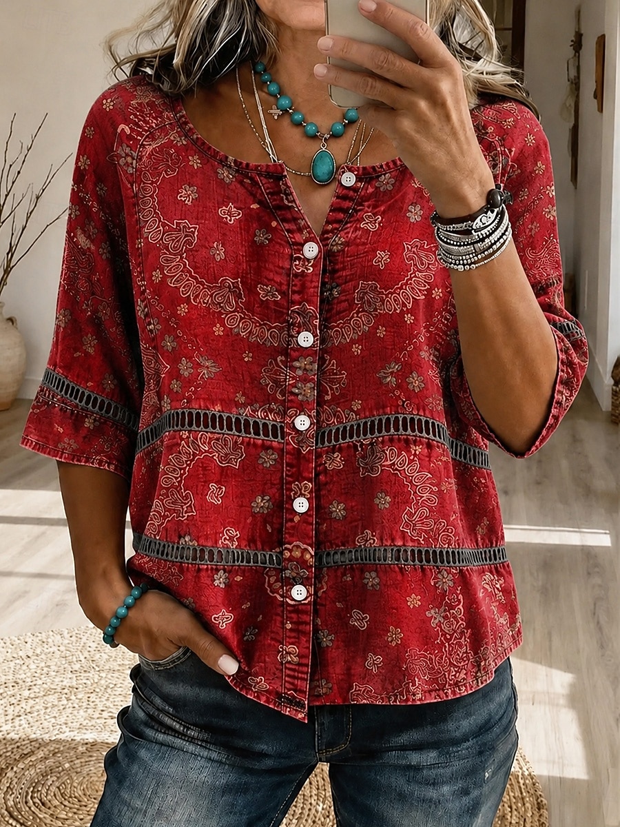 Carnevale Per donna Camicia Top traforato Camicia Boho Camicia di Pizzo Elegante Bohemien Attivo Manica 3/4 Girocollo Top lunghi Casuale Blu Rosso Marrone Verde Estate Primavera del 2026 a $26.99 –P3