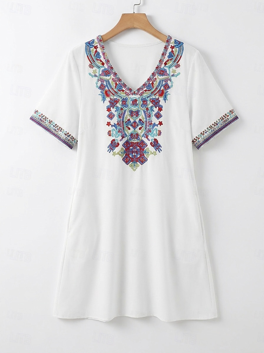 Per donna Abito al ginocchio Abito Boho Abito in cotone Elegante Vintage Ad aletta Spiaggia Weekend Abito Estivo Vestibilità comoda Ricamo Manica Corta Scollo a V Bianco Estate del 2026 a $39.99 –P2
