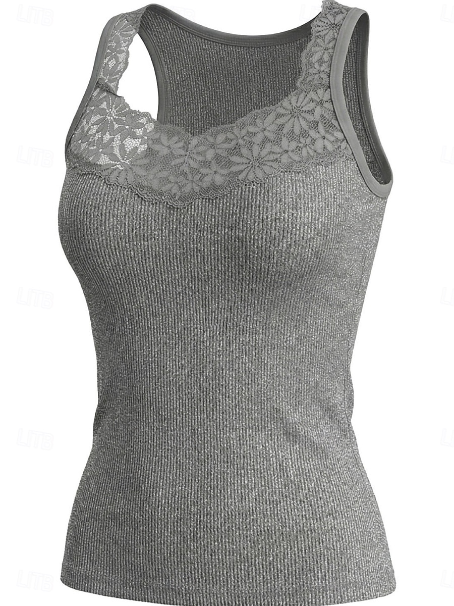 Mulheres Top de emenda de renda Tanque Estriado Côr Sólida à moda Sem Manga Correias Decote V Tops regulares Casual Esportes Para Noite Preto Branco Cinzento Verão de 2026 por $14.99 –P6