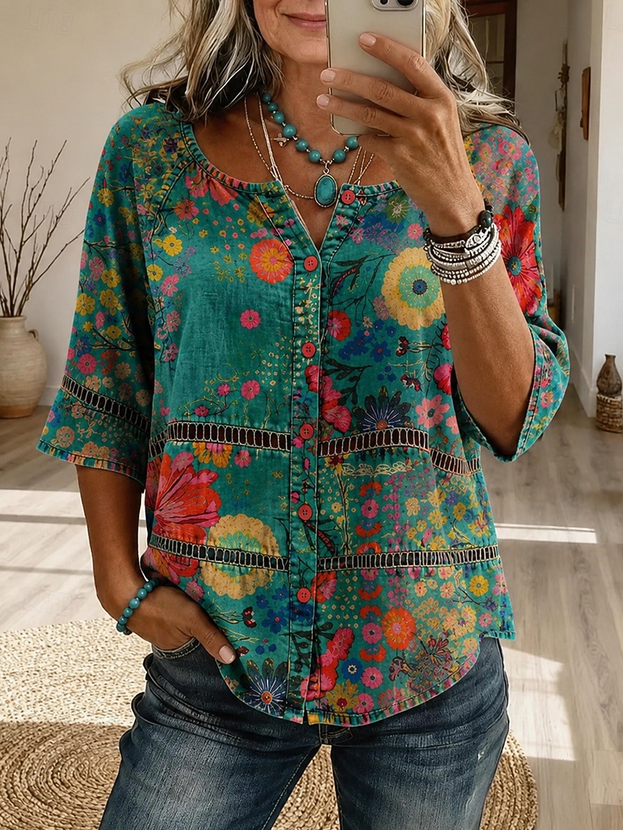 Carnevale Per donna Camicia Top traforato Camicia Boho Camicia di Pizzo Elegante Bohemien Attivo Manica 3/4 Girocollo Top lunghi Casuale Blu Rosso Marrone Verde Estate Primavera del 2026 a $26.99 –P4