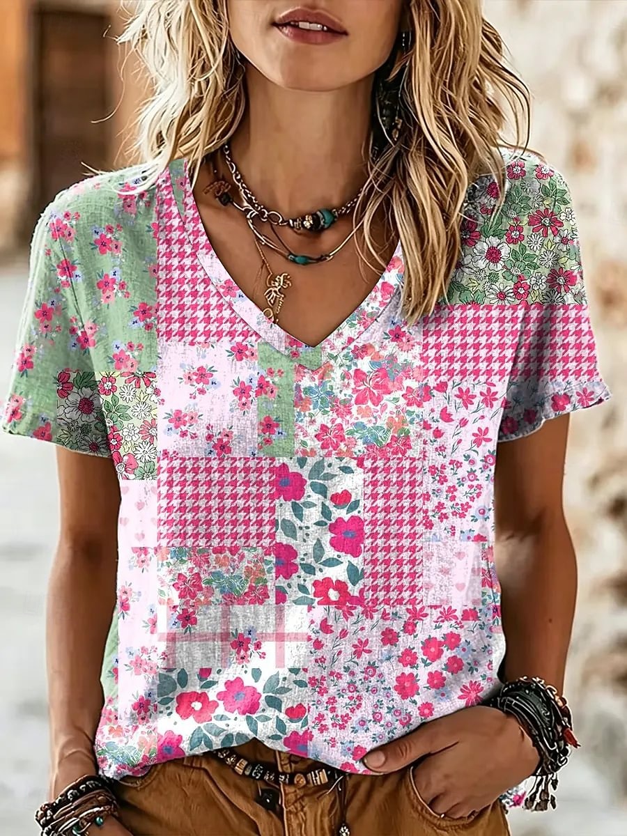 Per donna Maglietta Stampato Floreale Grafico Elegante Classico Casual Manica Corta Scollo a V Top Regolari Casuale Quotidiano Rosa Marrone Estate Primavera del 2026 a $21.99 –P1
