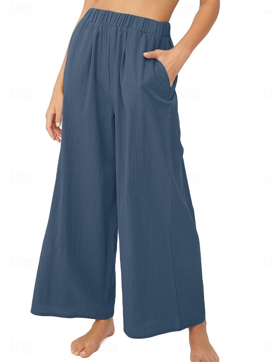 Mujer Algodón Perneras anchas Moda Ropa de calle Casual Longitud total Alta cintura Plano Bolsillo Cintura elástica Confortable Comodidad Suave Elástico Exterior Vacaciones Calle Azul Piscina 2026 - $22.99 –P5