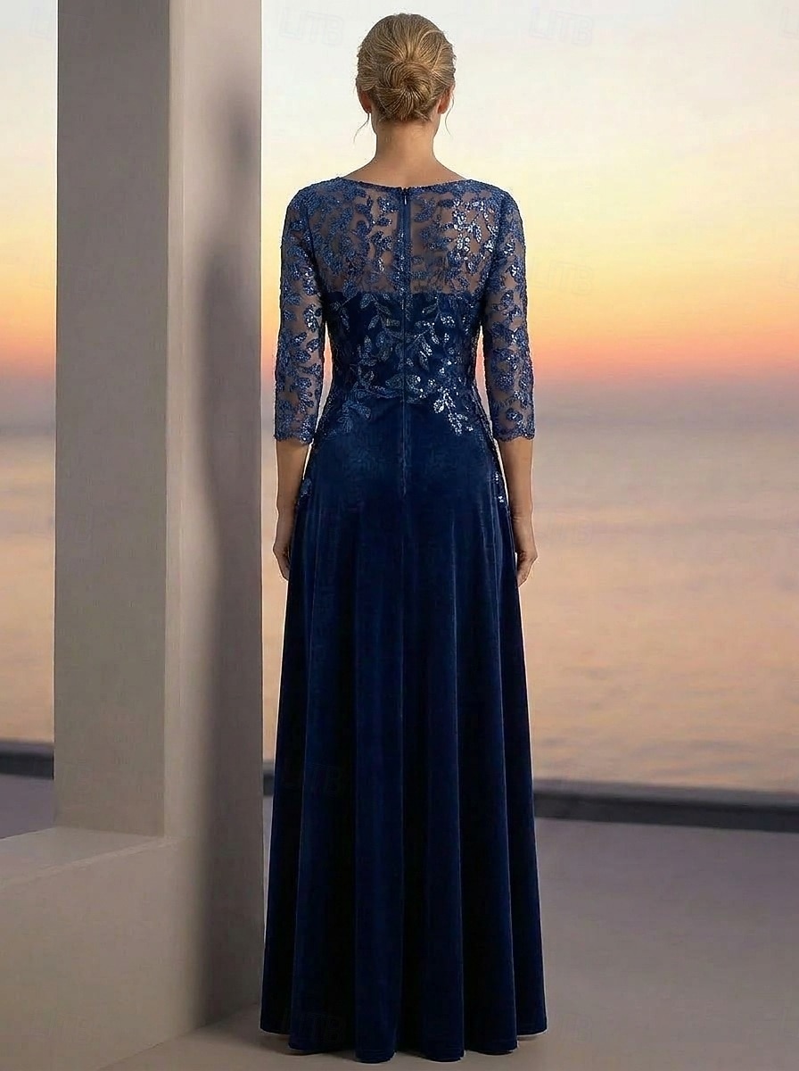 A-Linie Kleid Bodenlang Knöchellänge Cocktailkleid Brautmutterkleid Langarm Illusionsausschnitt Elegant luxuriös Glanz & Glamour Formell Hochzeitsgast Semi-Formal Tüll Samt mit Perlenstickerei 2026 - $171.99 –P2