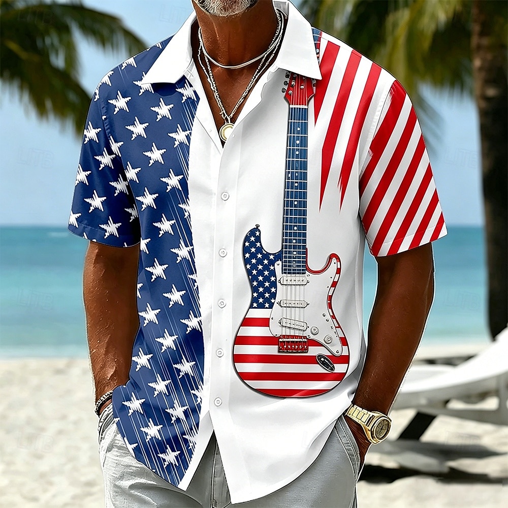 Koszula hawajska męska z gitarą i amerykańską flagą z okazji 250. rocznicy patriotyczna krótki rękaw z guzikami letnia wakacyjna plażowa 2026 - $25.99 –P1