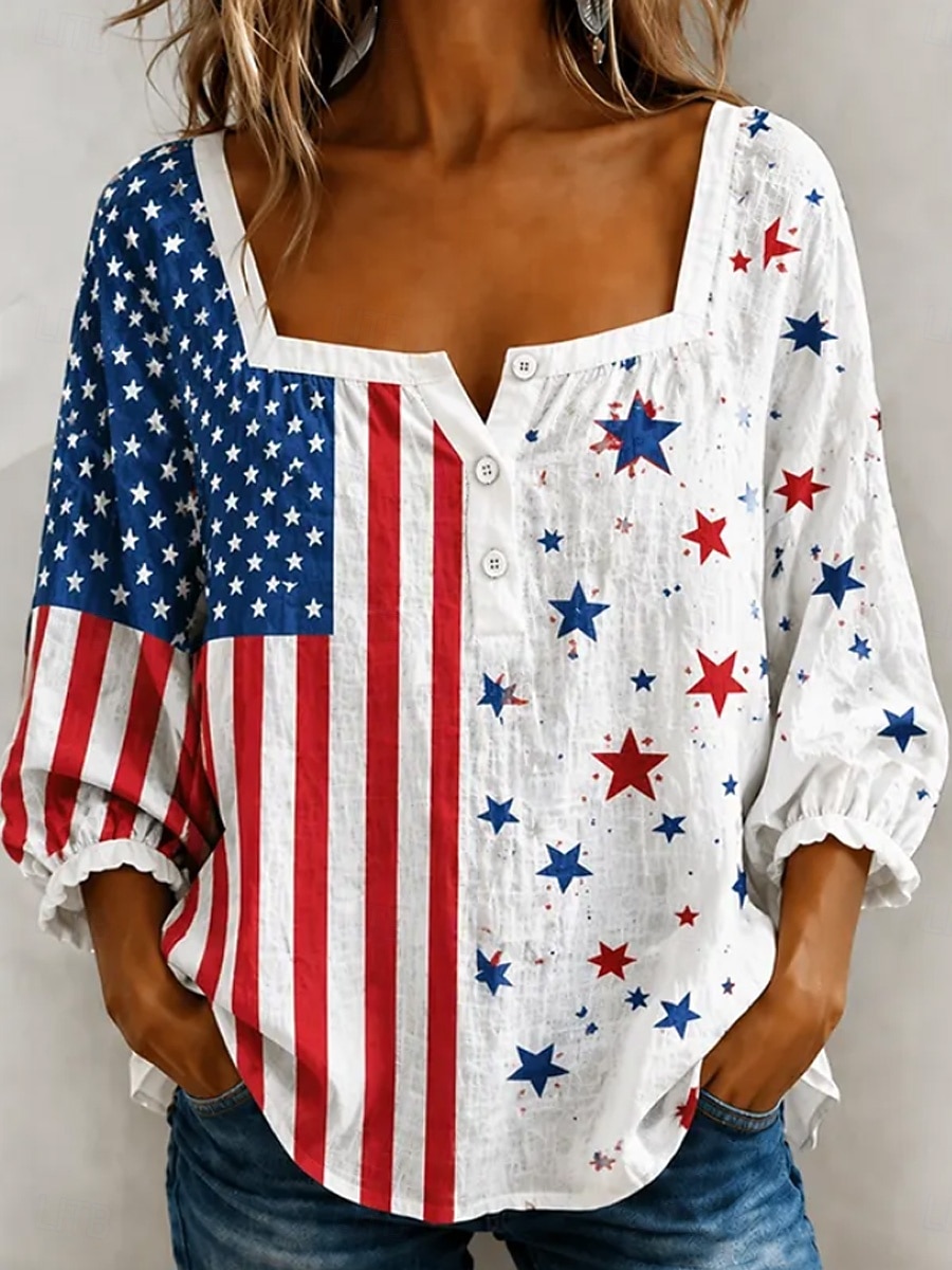 American Independence Day Women's Blouse Print Floral Graphic American Flag Vintage Daily Stylish Short Sleeve Half Sleeve Square Neck Regular Tops Casual Daily White Summer Spring 2026 - $32.99 –P1