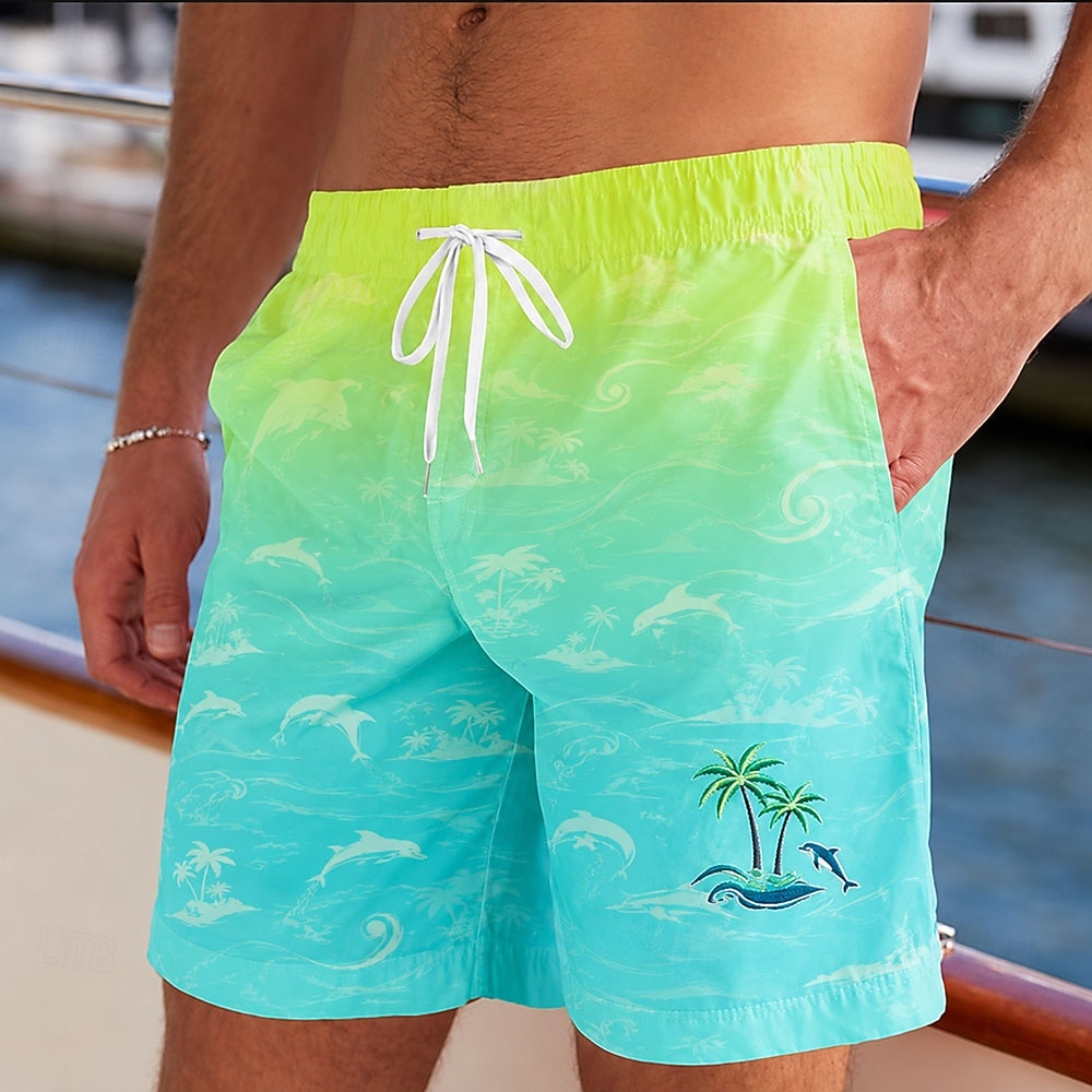 Herren Kokospalme Delphin Tropische Pflanzen Badehosen Badeanzüge Badeshorts Boardshorts Mittlere Taille Hawaiianisch Täglich Strandurlaub Seitentaschen Netzfutter Elastischer Kordelzug in der Taille 2026 - $20.99 –P1
