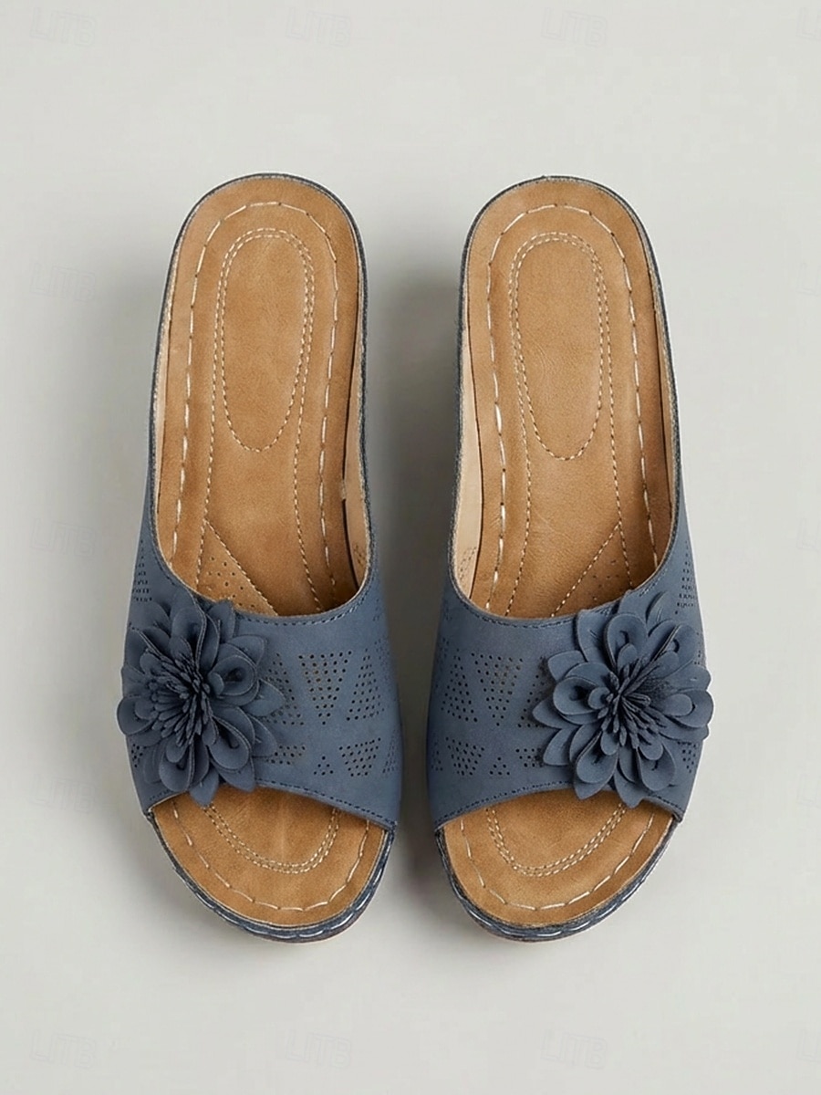 Sandalias azules de tacón ancho con estampado floral para mujer: cómodas sandalias tipo mule sin cordones con suela acolchada para viajar y comprar. &uso diario 2026 - $24.99 –P4