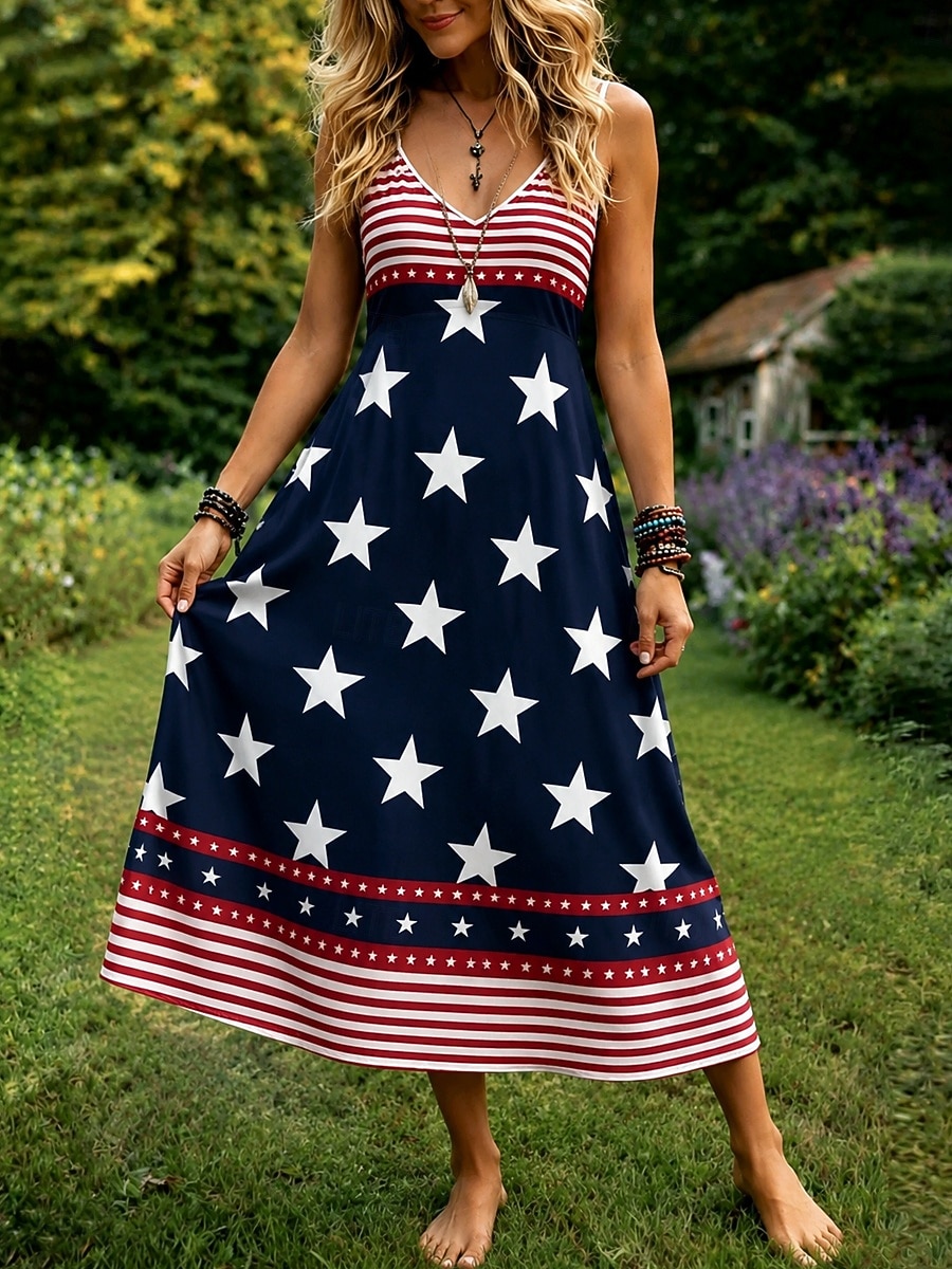 Jour de l'Indépendance Américaine Femmes Robe Midi Robe trapèze Robe Nuisette Vacances Occasionnel Coupe régulière Graphique Drapeau Sans manches Col en V Bleu Vin Rouge Été Printemps de 2026 ? $36.99 –P1