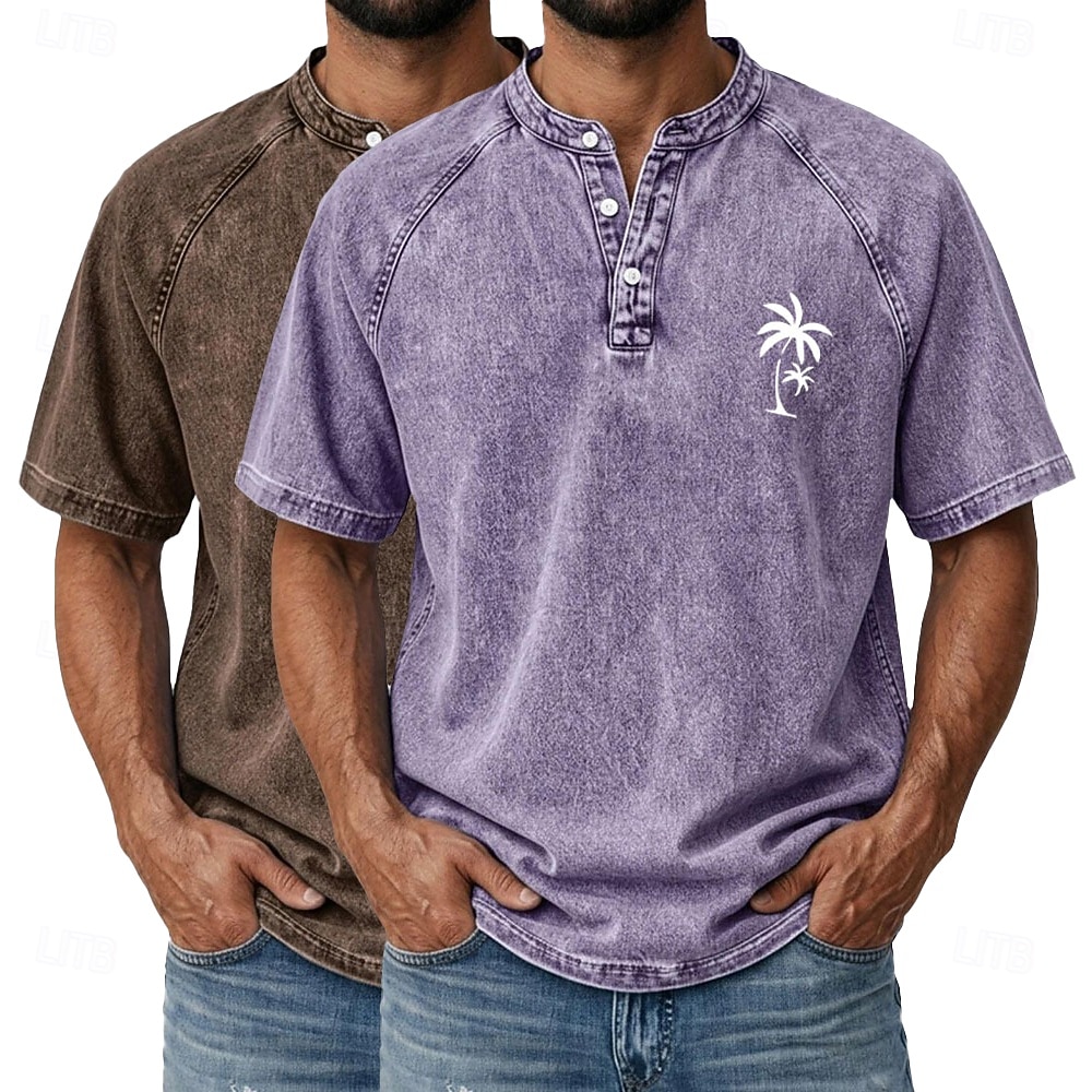 SoftFade™ Men's 2-PCS Coconut Tree T Shirt Demin Shirt 100% Cotton Acid Wash Shirt Short Sleeve Vintage Streetwear Casual Home Street Summer Spring Black Light Green Light Blue Stand 2026 - $62.99 –P14